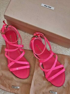 Miu Miu Neon Pink Patent Strappy Flat Sandals